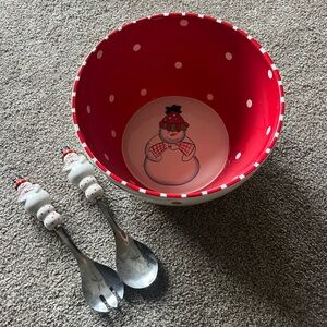 Red and White Large Snowman Salad Bowl with Snowman Serving Spoons.